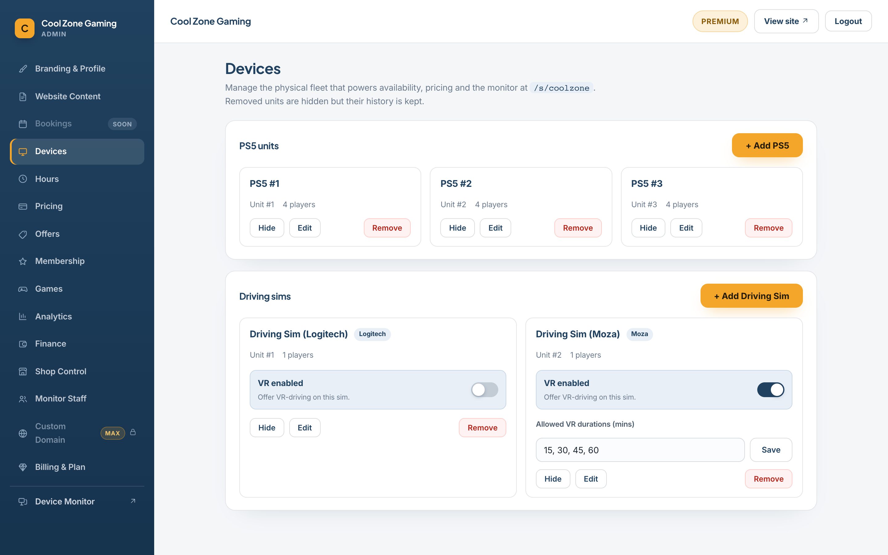 The admin dashboard — branding, devices, pricing, offers, staff and finance