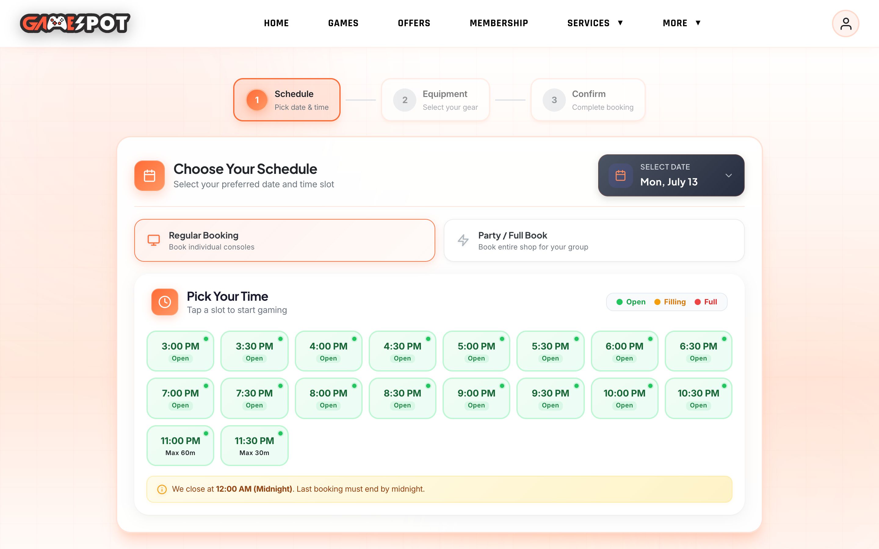The booking page — pick a device, pick a time, done